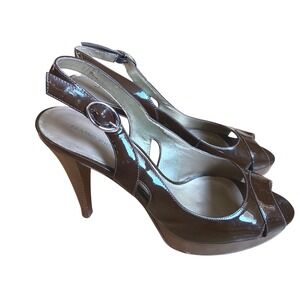 Marc Fisher Brown Patent Leather Slingback Peep-Toe Heels
